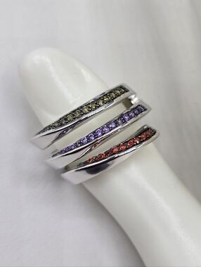 Swarovski Crystal Elements Silver Statement Ring Green Purple Red Size 11 Prom